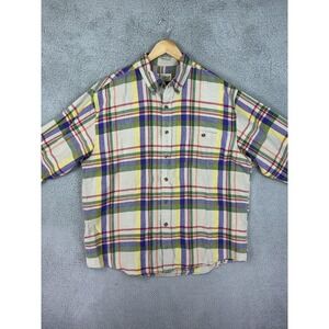 Eddie Bauer Shirt Mens Large Plaid Linen Blend Button Down Short Sleeve Preppy